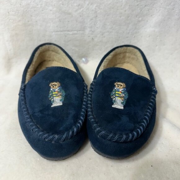 Polo Ralph Lauren Men’s Slippers Size 9 Suede Fuzzy Lined Moc Style Blue - Picture 1 of 4